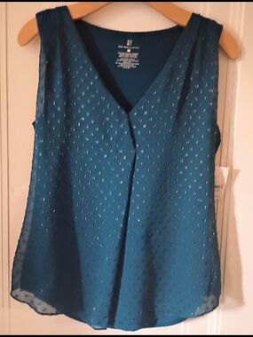 NY Collection Teal Beaded V-Neck Sleeveless Top